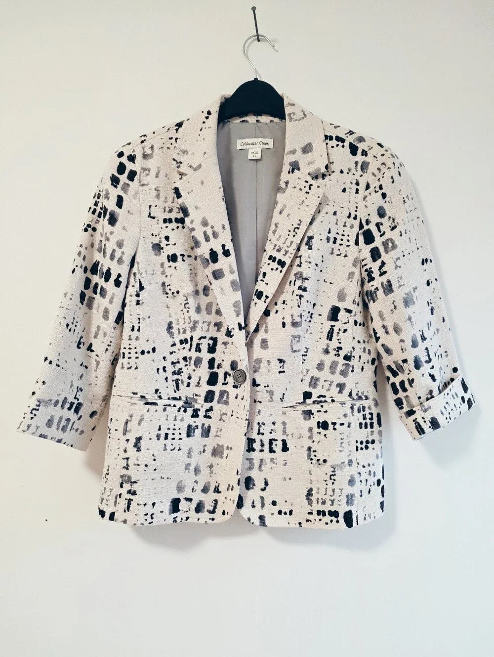 Coldwater Creek Linen Blend Abstract Print Blazer Jacket Size 4-6 Neutral Artsy